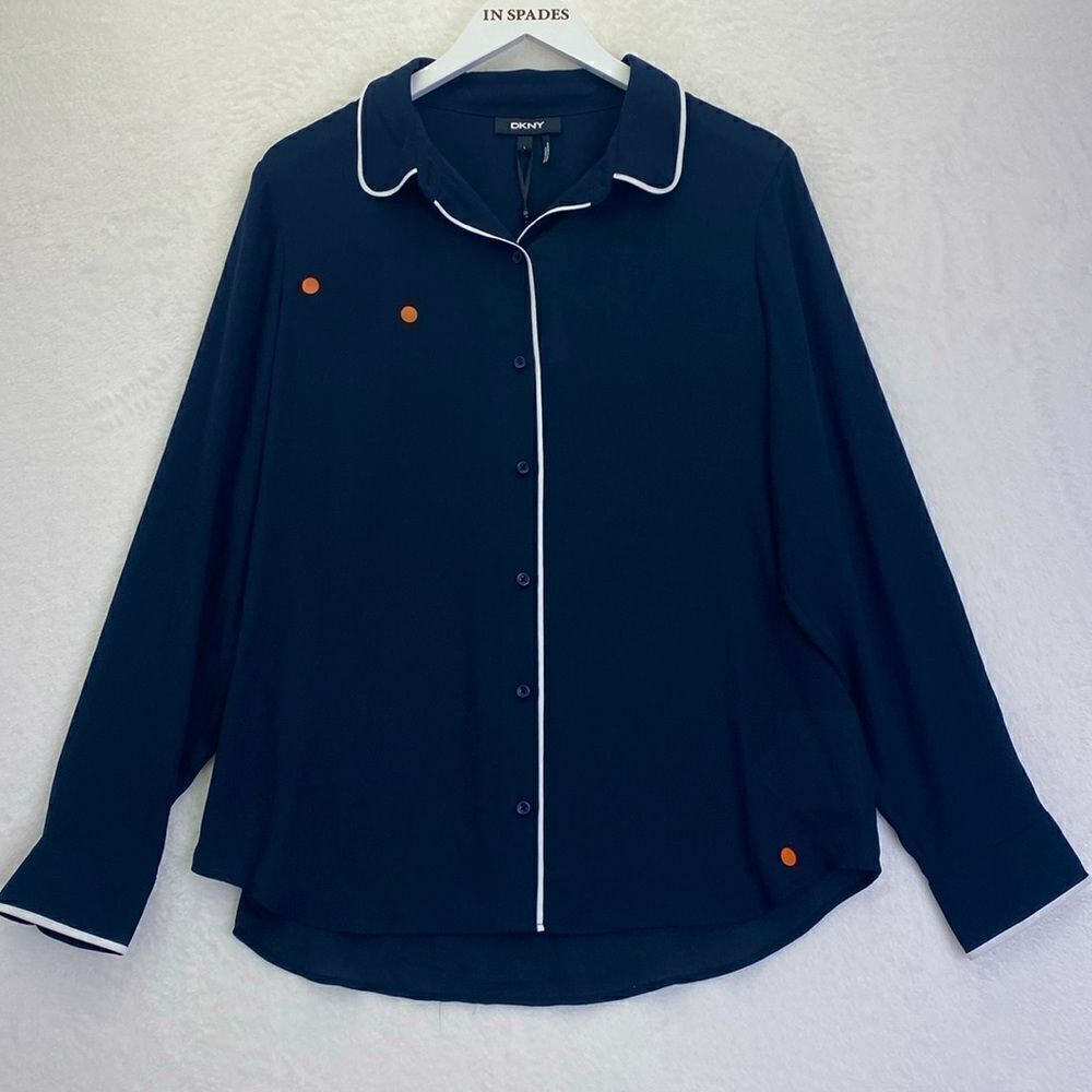 DKNY in Navy Blue blouse with white piping